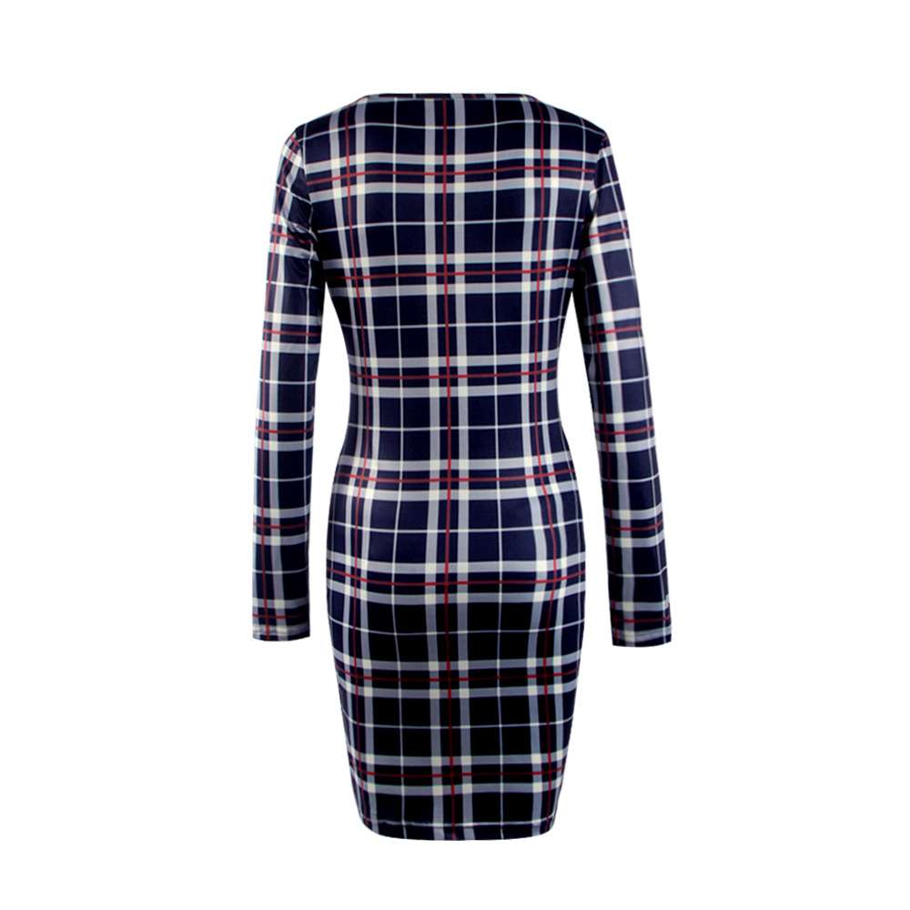 W25040-1 Womens  Plaid Check Crew Neck Casual Slim Bodycon Mini Pencil Dress